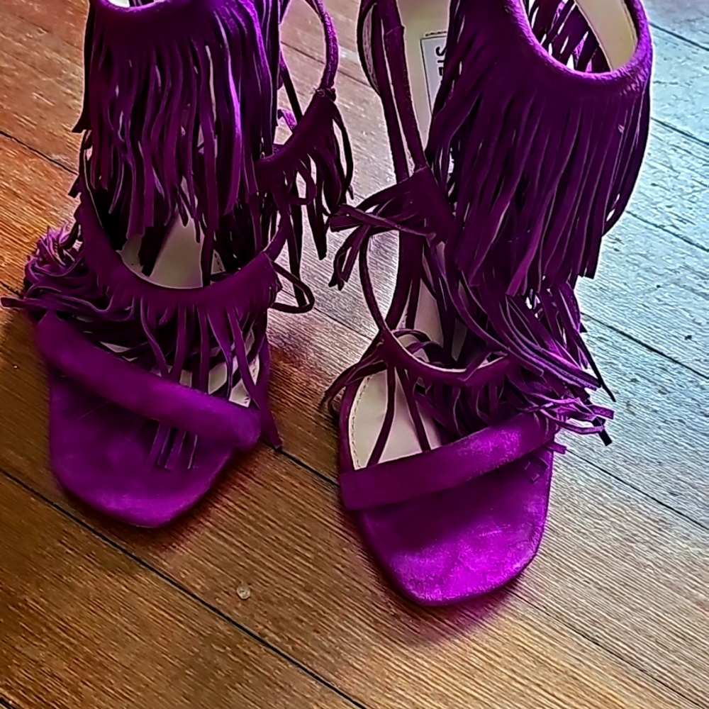Steve Madden Fringly Viberent Purple Suede Heels Sandals NWOT